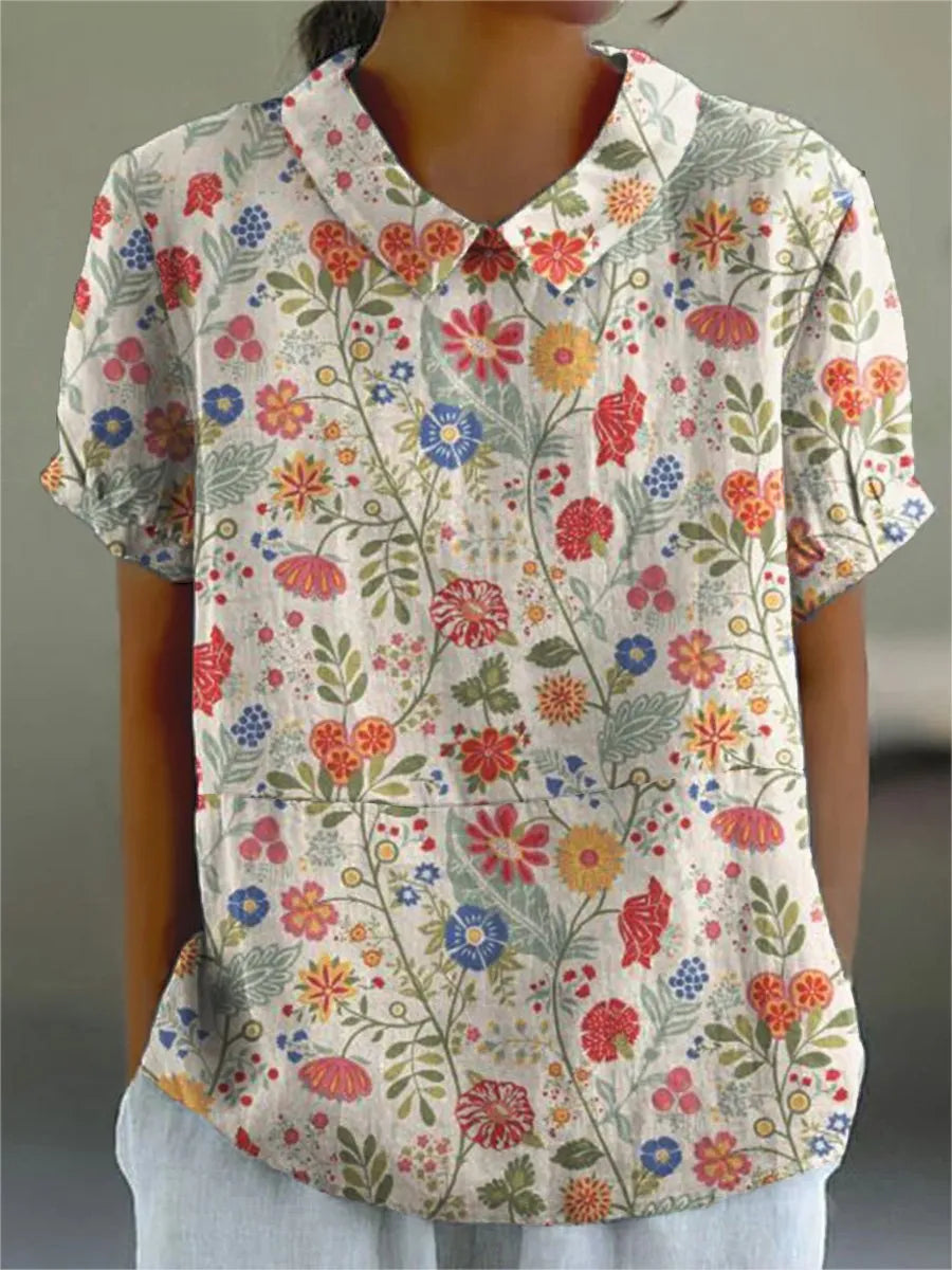 Chemise décontractée en coton et lin pour femmes, imprimé floral pastoral