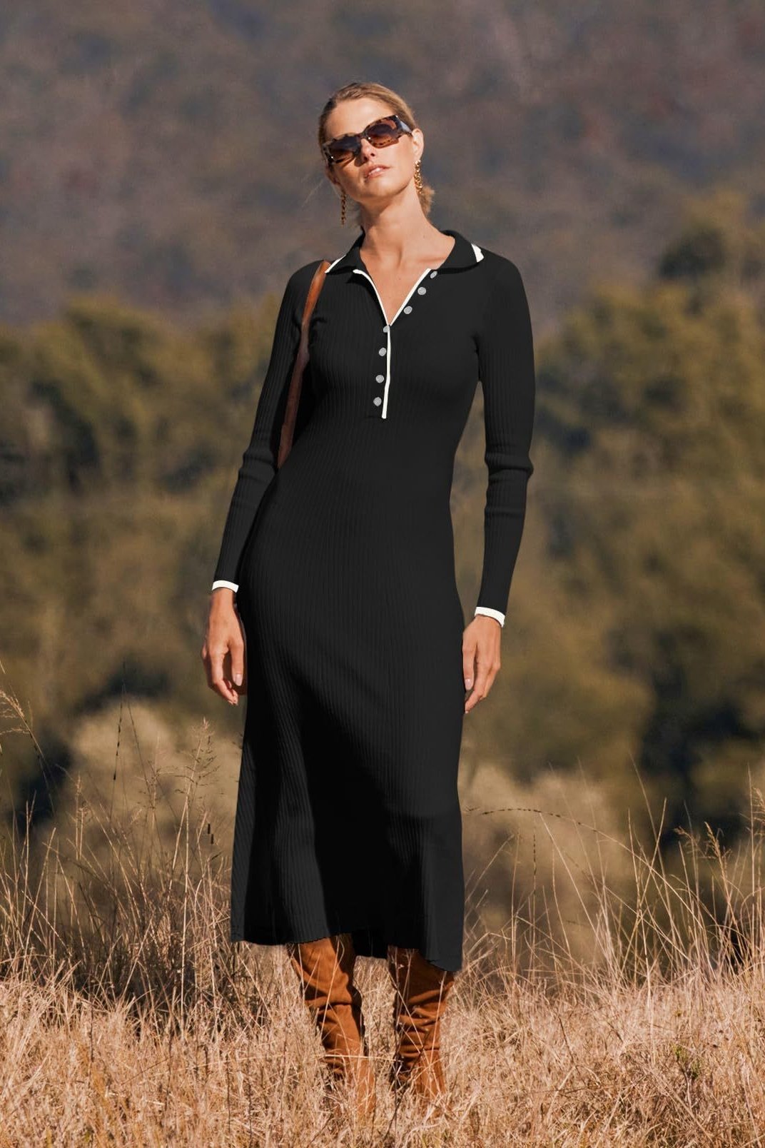 Aurélie | Robe Midi en Maille avec Détails Contrastés et Col Élégant pour Femmes