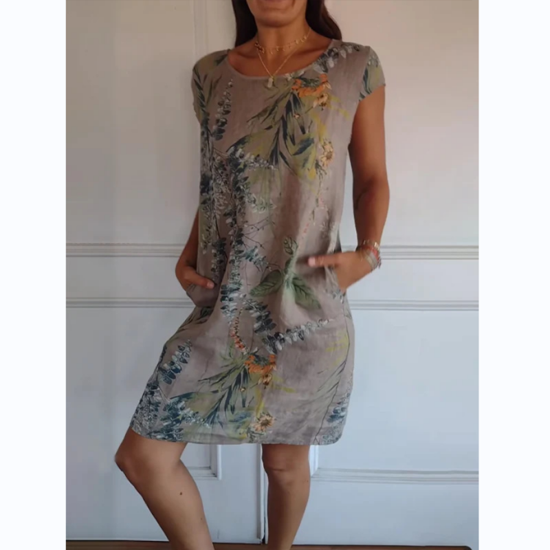 Céleste | Robe à col rond avec Imprimé Botanique et Silhouette Flatteuse pour Femmes