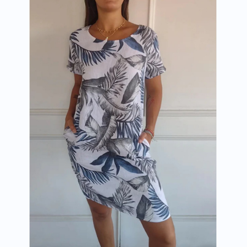 Céleste | Robe à col rond avec Imprimé Botanique et Silhouette Flatteuse pour Femmes