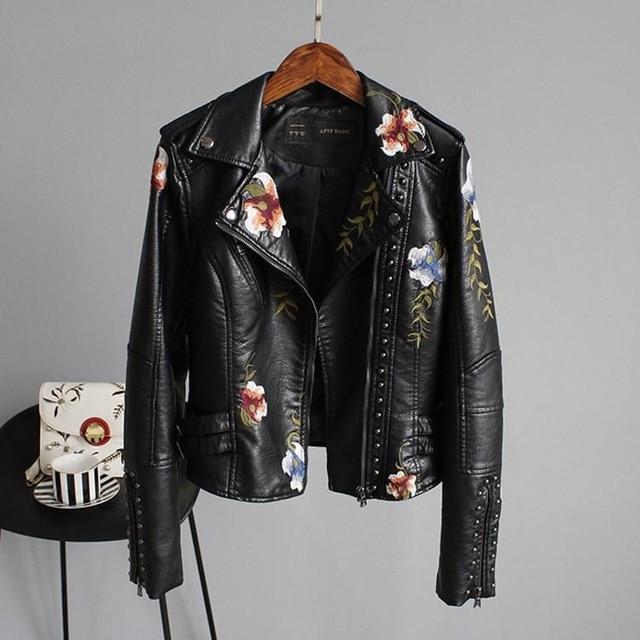 BelleRue - Veste en cuir avec broderie de fleurs